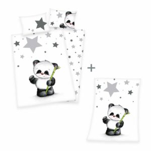 babybest® Produktset 'Panda' – Bettwäsche 100x135 cm, Renforcé & Kuscheldecke 75x100 cm