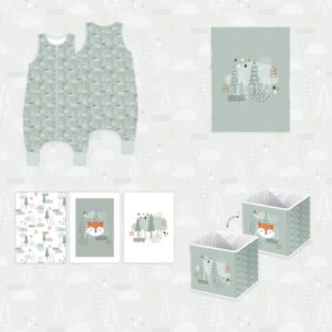 Baby-Set „Nordic Forest“ – Schlafoverall, Decke, Wandbilder & Aufbewahrungsboxen
